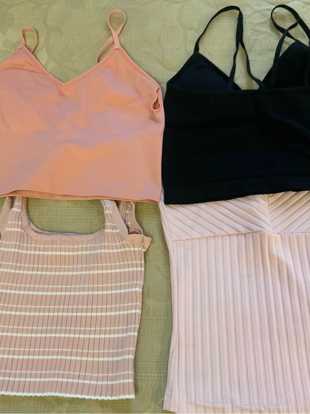 Lot of 4 Women's Seamless Crop Tops Ribbed Tank Tops Pink Black Striped Cami